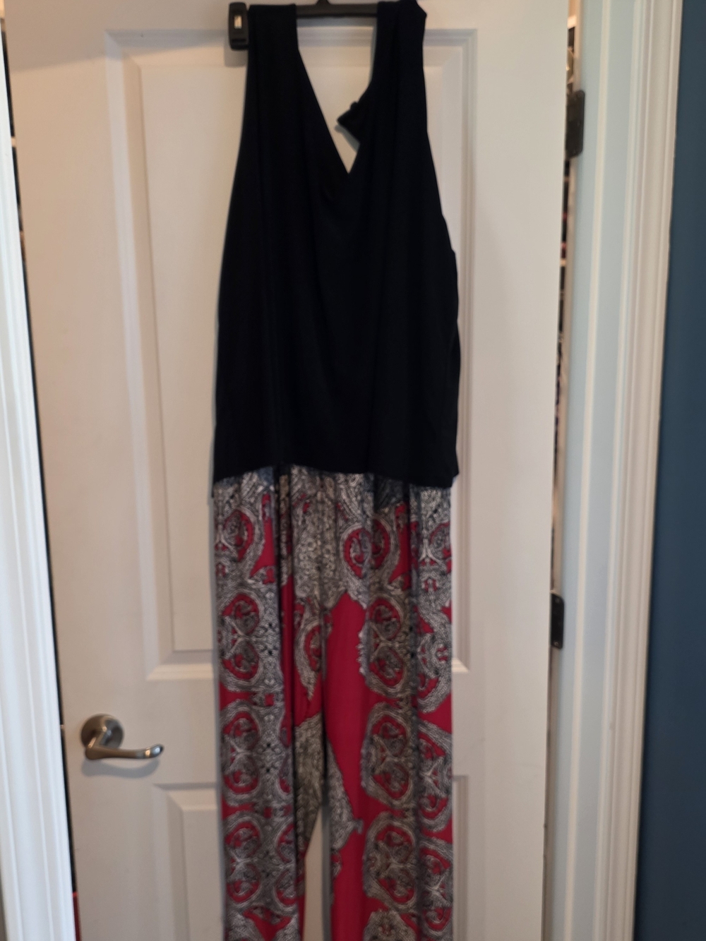 Women’s Sleeveless Black  Top with Red And White Paisley Patterned Legs